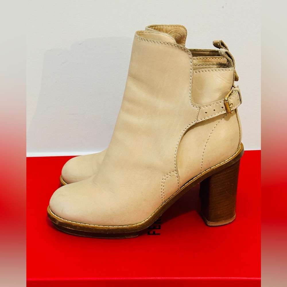 Acne Studio Cream Genuine Leather Round Toe Block Heel Ankle Boot Size 40